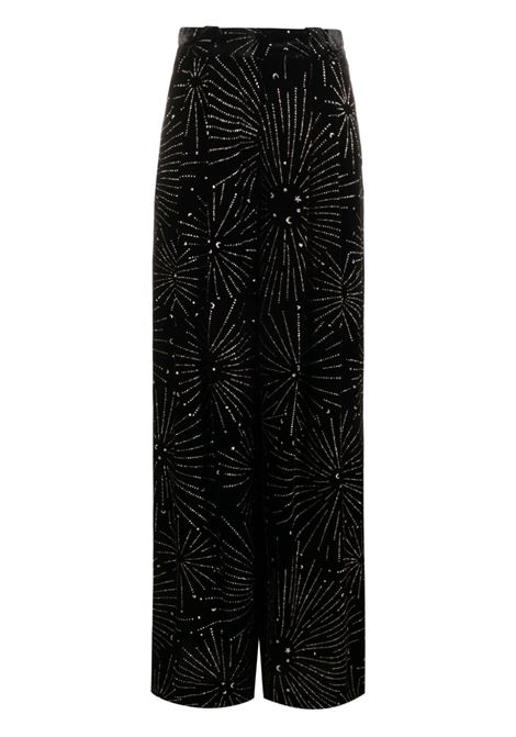 Black crystal-embellished velvet-finish palazzo trousers - women